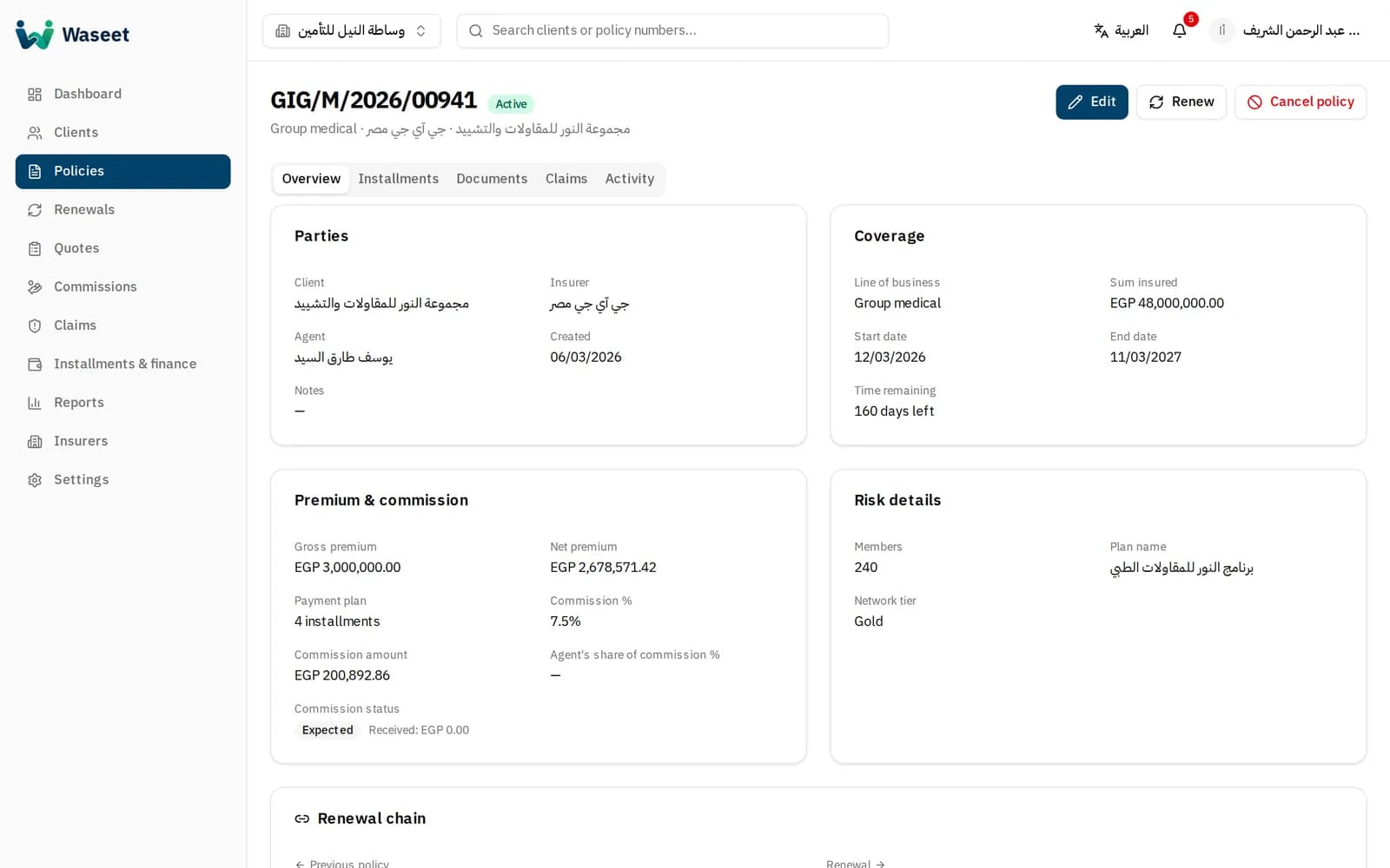 Waseet policy detail screen: parties, coverage, premium and commission
